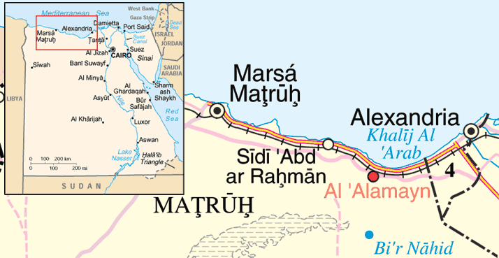 Mappa della costa, riferita a un periodo posteriore a quello della battaglia; si noti che la ferrovia non termina a El Alamein ma prosegue per Marsa Matruh e oltre